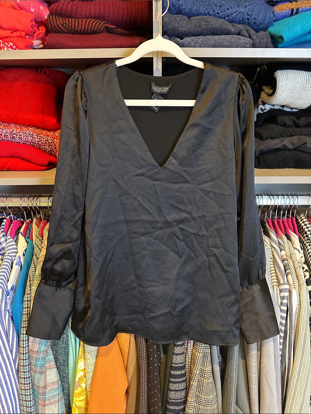 Rachel Zoe black satin long sleeve v neck lined blouse size S NWOT